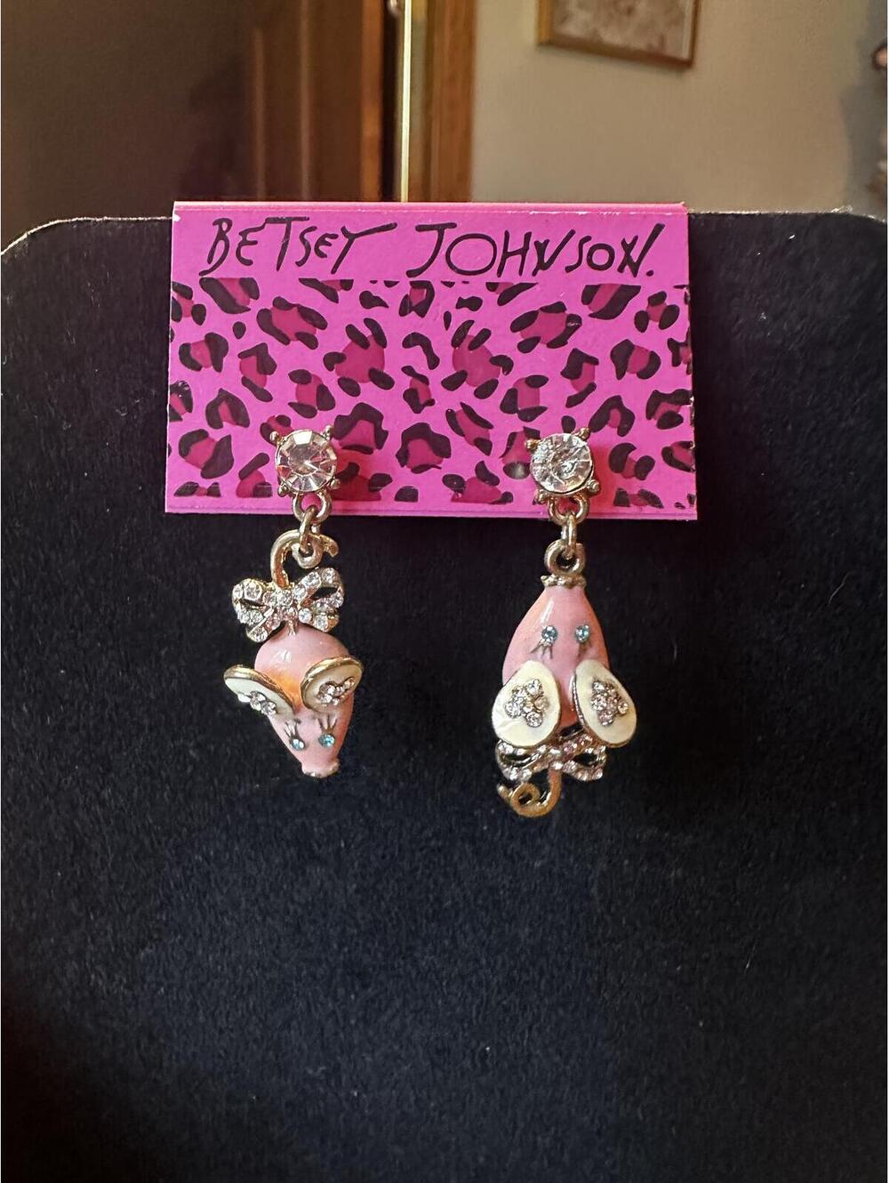 Betsey Johnson Pink Mouse Dangle Earrings with Rhinestones